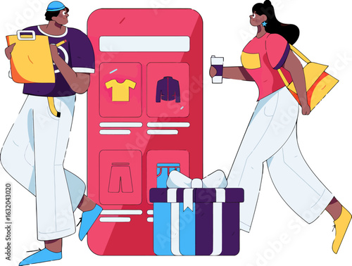 Stylish shoppers enjoying easy online clothing purchase with mobile app, celebrating retail therapy with a wrapped gift, perfect for e-commerce promotions and modern lifestyle advertising