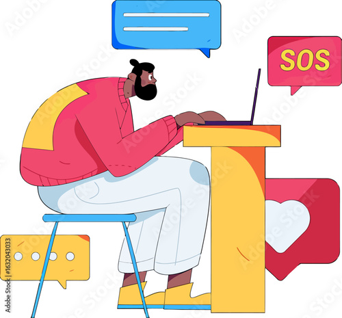 Urgent online support needed now as man types frantically with SOS call for help, social media love response, seeking instant communication, expressing desperate need, digital connection, online help