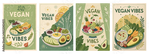 Set of four posters featuring vibrant vegan dishes with fresh ingredients