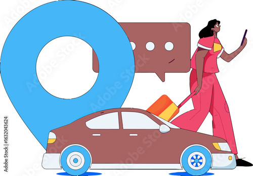 Woman plans her trip with a rideshare service on her phone, location pin, luggage, and chat bubble symbolizing travel app features for easy transportation and communication, promoting modern mobility 