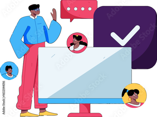 Dynamic online meeting illustration with diverse team members connecting virtually, ideal for modern collaboration software marketing, showcasing teamwork and positive communication, perfect for remot