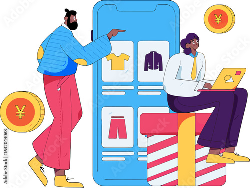 Diverse shoppers browsing online fashion store using mobile app, visualizing modern e-commerce experience, capturing digital retail trends, showcasing convenience and global shopping opportunities