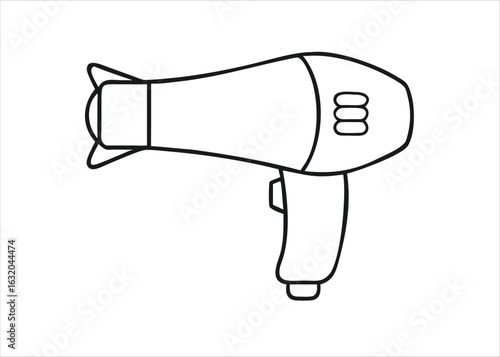 A sleek flat design black hair dryer icon representing a grooming appliance for styling hair and isolated on white background