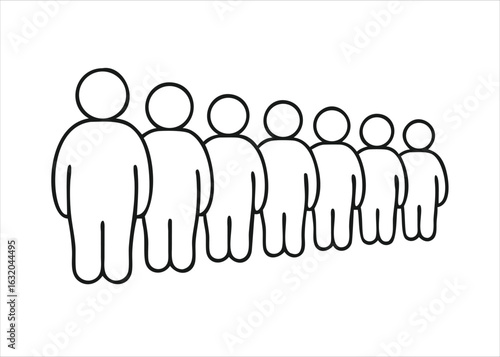A black silhouette of a group of individuals patiently standing in a queue formation awaiting their turn isolated on white background