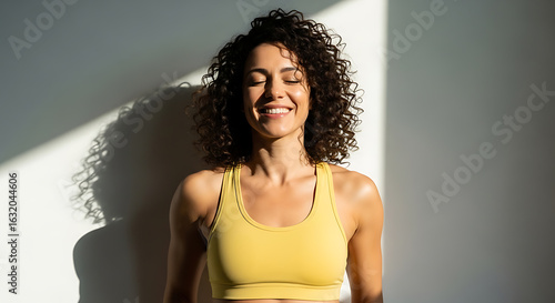Radiant woman in athletic wear embraces sunlight with serene smile and closed eyes, finding peace