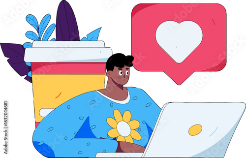 Enthusiastic creative freelancer working on laptop with large social media heart icon and coffee, symbolizing connection and digital success, perfect for modern marketing and online engagement campaig