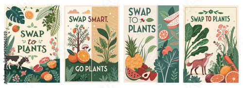 Set of four posters featuring vibrant plant-based diet illustrations