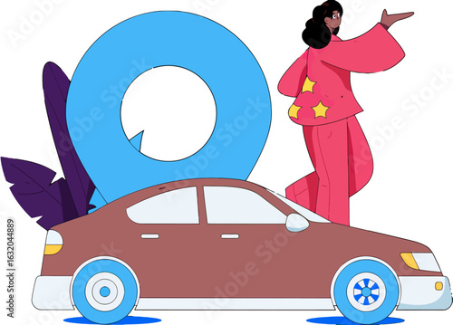Cartoon carpool illustration with a woman ready for a road trip adventure, perfect for transportation apps, travel blogs, and vehicle rental services, promoting convenience and youthful style