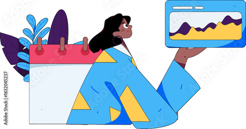 Stylish professional managing schedules and tracking business analytics with modern calendar app, planning for success, visualizing growth strategy and achieving financial goals
