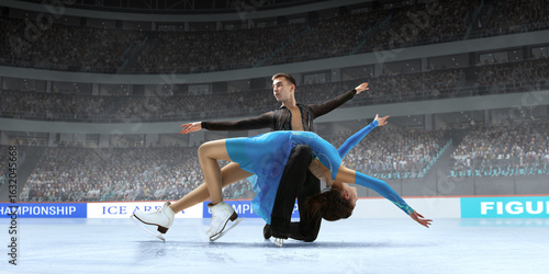Figure skating pair skating on ice stadium.