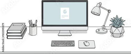 Clean organized desktop computer workspace for business and study vector