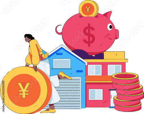 Visualize personal finance success with a modern graphic of a woman managing her money for investing in a home and saving in a piggy bank for the future, creating a secure financial foundation