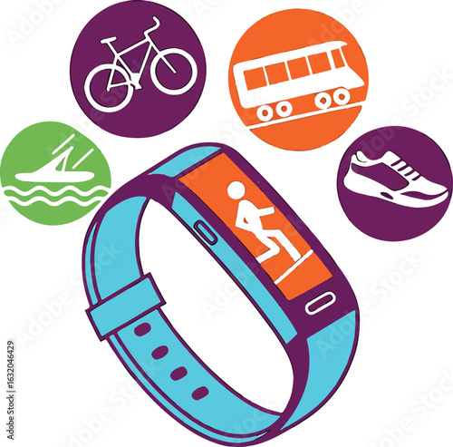 Vector Illustration of Fitness Tracker with Activity Icons – Cycling, Running, Swimming, and Public Transport