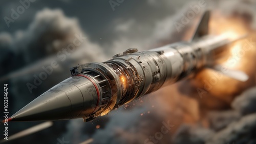 Realistic missile launching with fire and smoke trail in dramatic environment. High-speed weapon concept in action, close-up view, cinematic military scene.