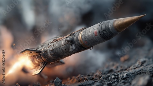 Realistic missile launching with fire and smoke trail in dramatic environment. High-speed weapon concept in action, close-up view, cinematic military scene.