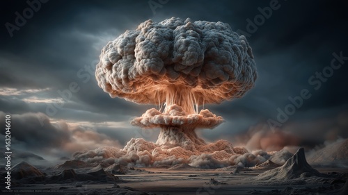Realistic depiction of a massive nuclear explosion with a dramatic mushroom cloud, fiery blast, and rising smoke against a dark, stormy sky. High detail and cinematic atmosphere.