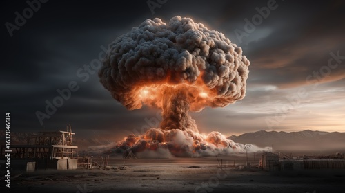 Realistic depiction of a massive nuclear explosion with a dramatic mushroom cloud, fiery blast, and rising smoke against a dark, stormy sky. High detail and cinematic atmosphere.
