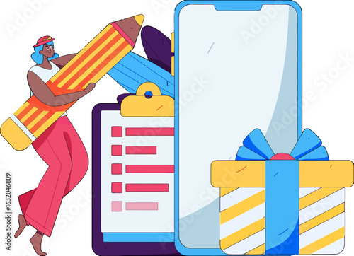Empowered woman designs mobile app interface with checklist and gift reward, perfect for user experience presentations, modern technology blogs, and digital marketing, driving engagement and success