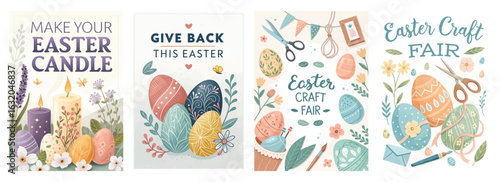 Set of four posters with vibrant Easter illustrations and crafting tools