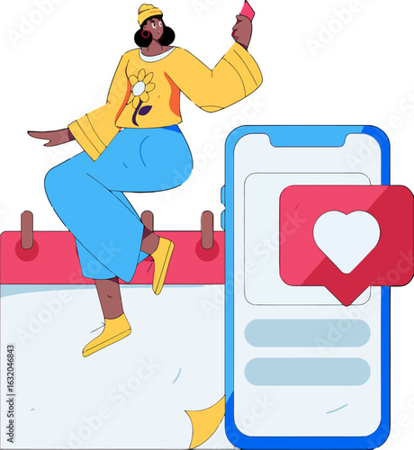 Empowered woman uses phone for social media scheduling and engagement, boosting marketing strategy with vibrant colors and modern style, connecting with community, increasing likes