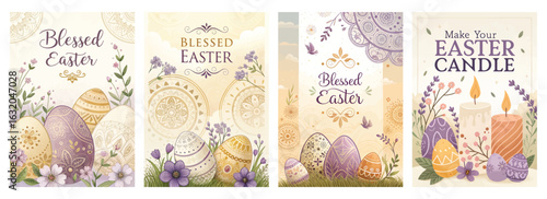 Set of four posters featuring ornate Easter eggs and delicate flowers