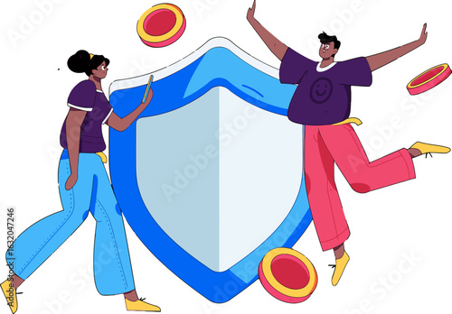 Secure digital world with playful characters promoting online safety and data protection, celebrating cybersecurity awareness with a modern, fun, and trustworthy shield icon