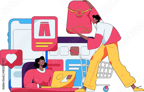 Online shopping spree illustration featuring diverse characters, one browsing clothes while the other adds a stylish bag to the cart, showcasing modern retail and a fun virtual shopping experience