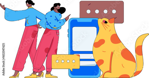 Trendy duo showcasing mobile app features with playful cat mascot, perfect for modern tech startup branding and vibrant interface design projects, create engaging social media posts and explain user i