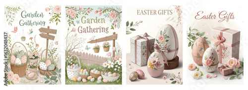 Set of four posters with Easter illustrations and floral designs