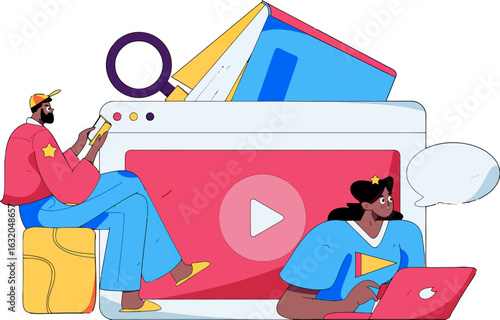 Diverse students collaborate online in a virtual learning environment, sharing ideas and exploring digital content, embodying modern education and teamwork, perfect for e-learning platforms and educat