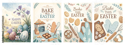 Set of four posters featuring Easter eggs and baking scenes