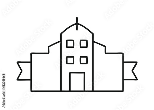 A stylized black glyph representing a corporate headquarters building with a prominent architectural design isolated on white background