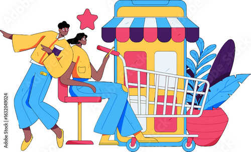 Exciting online shopping experience with diverse customers browsing in a vibrant virtual store on their mobile devices, enjoying modern retail therapy and discovering fantastic deals and trendy produc