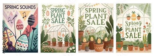 Set of four posters featuring spring plant sale and music event illustrations
