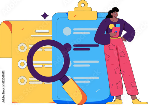 Data driven professional analyzing business reports with magnifying glass, empowering strategic decision making, planning and insights, perfect for presentations and infographics