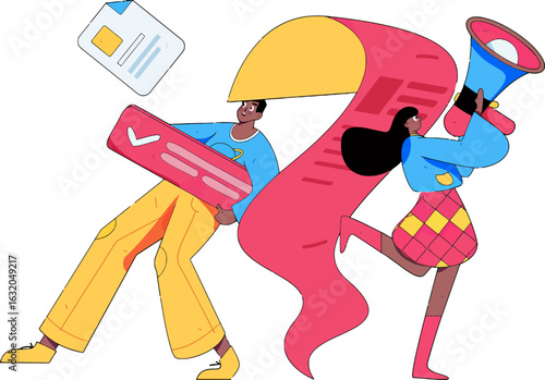 Modern illustration of two people sharing information and promoting a deal with a megaphone and checklist in hand, ideal for creative marketing and business promotion projects
