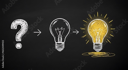 Chalk drawing progression on a blackboard illustrating the transformation from a question mark to a bright idea light bulb.