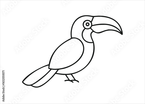 Detailed line art illustration of a hornbill bird showcasing its distinctive beak and plumage presented as a clean outline graphic isolated on white background