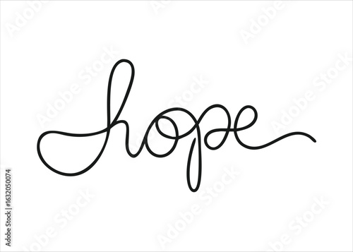 A single continuous line drawing representing the word hope with a festive christmas theme in a clean design isolated on white background