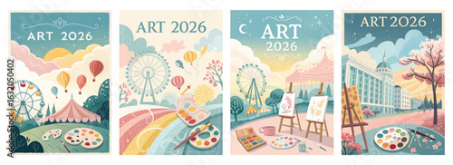 Set of four posters featuring vibrant landscapes with whimsical elements