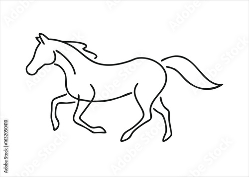 Elegant single line art illustration of a horse in full stride capturing its dynamic movement and grace isolated on white background