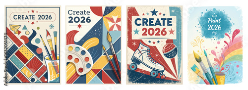 Set of four posters featuring retro designs for 2026 with vibrant colors
