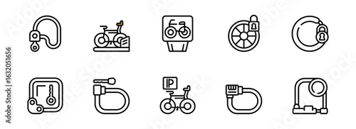 Modern Line Icons: Bicycle Security, Parking, and Exercise Equipment;  Clean, Minimalist Style;  Safety and Fitness Concept.
