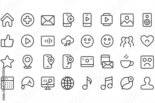  Vector icons of various digital and social media symbols, including phone, music, weather, and communication elements