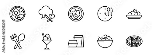 Simple Line Icons:  Restaurant, Food, Chef Hat, Utensils, Clock, Meal Prep,  Healthy Eating,  Dietary Choices,  Vector Graphics,  Black and White, Minimalist Style, Clean Design,  Modern Aesthetic.