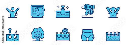 Modern Blue Line Icons: Hair Removal, Skin Treatment, Beauty Procedures, Cosmetic Technology,  Happy Clients,  Successful Business,  Financial Growth,  Aesthetic Medicine.