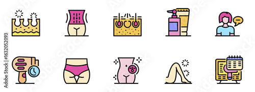 Vibrant vector icons illustrating cosmetic procedures, skincare treatments, body shaping, and hair removal, showcasing a modern and informative style for medical and beauty websites.