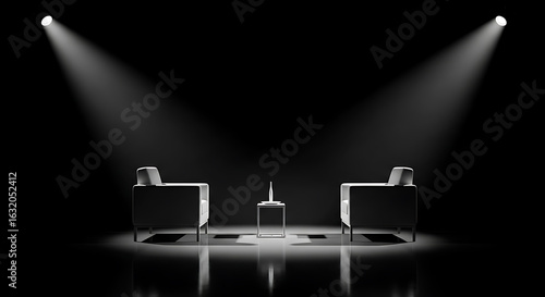 Elegantly staged monochromatic interview setup with sleek chairs and focused lighting design for
