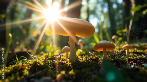 Enchanted Forest Mushrooms: The low-angle perspective highlights a vibrant cluster of mushrooms thriving in a sun-drenched forest.