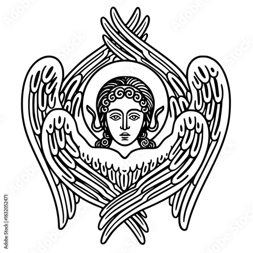 A stylized Byzantine-style seraphim with multiple wings